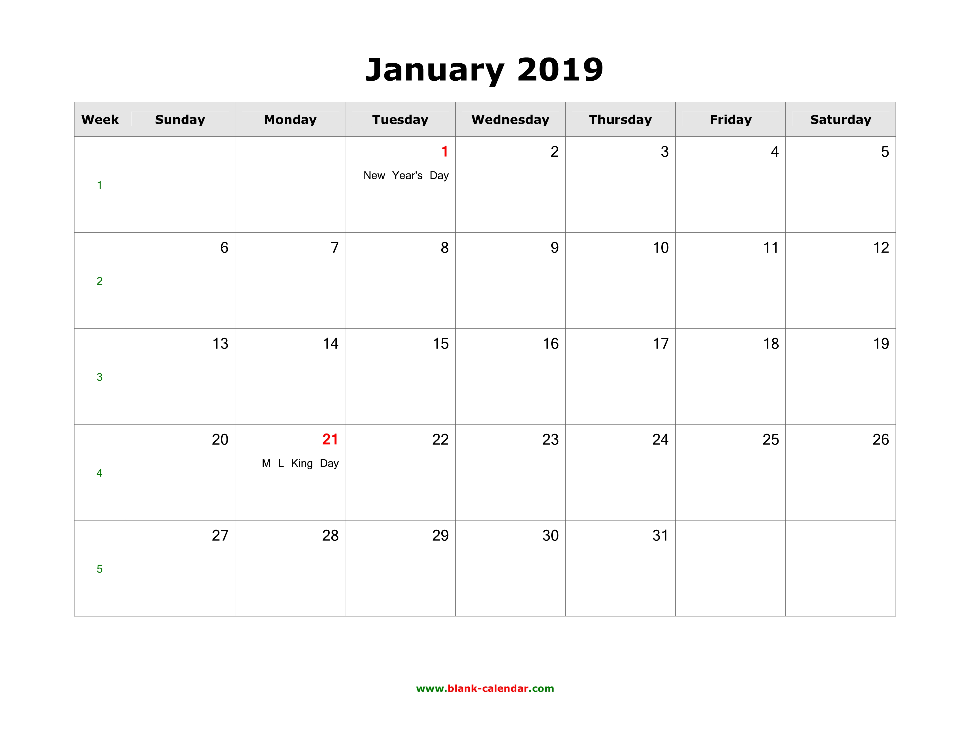 January 19 Blank Calendar Free Download Calendar Templates