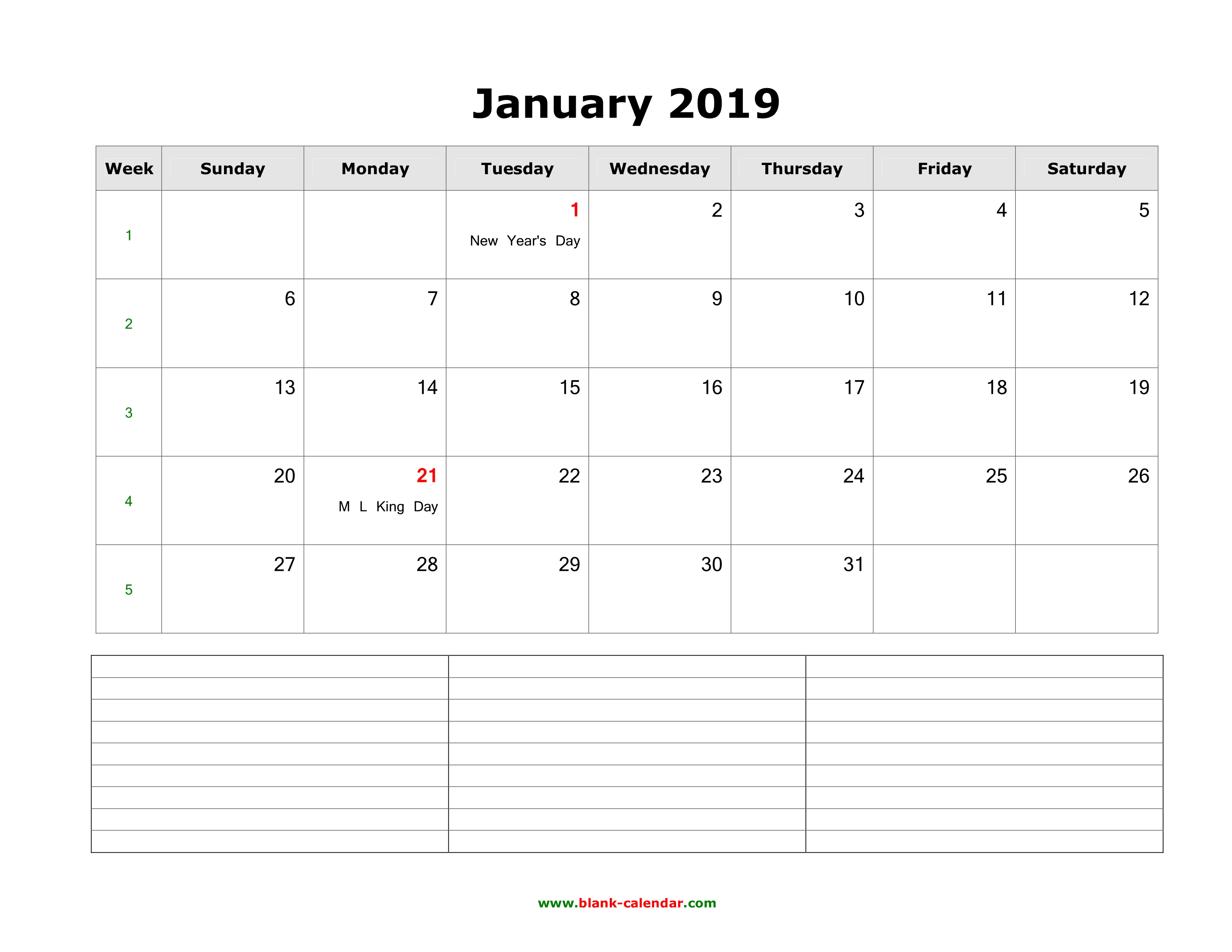 January 2019 Calendar Notes