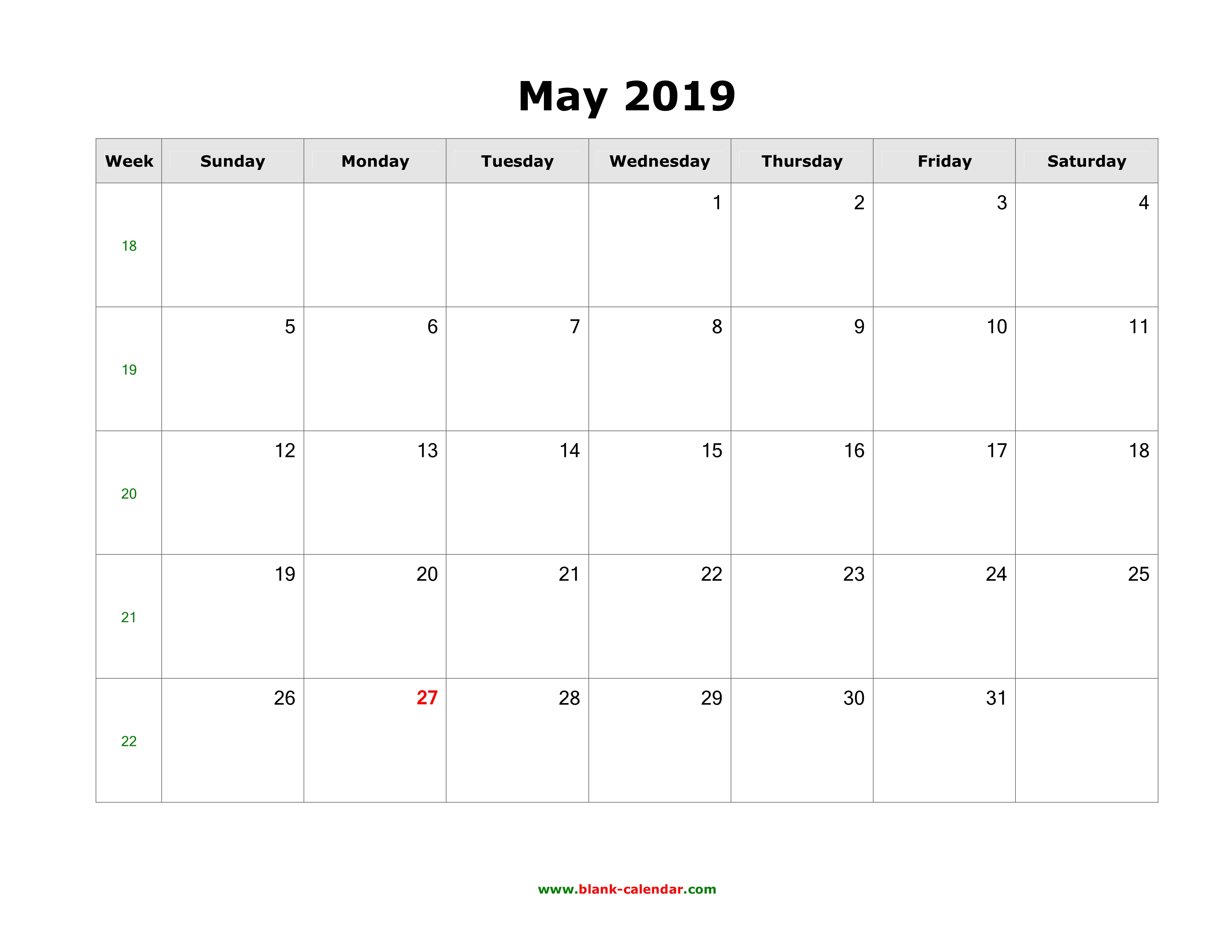 Download May 2019 Blank Calendar (horizontal)