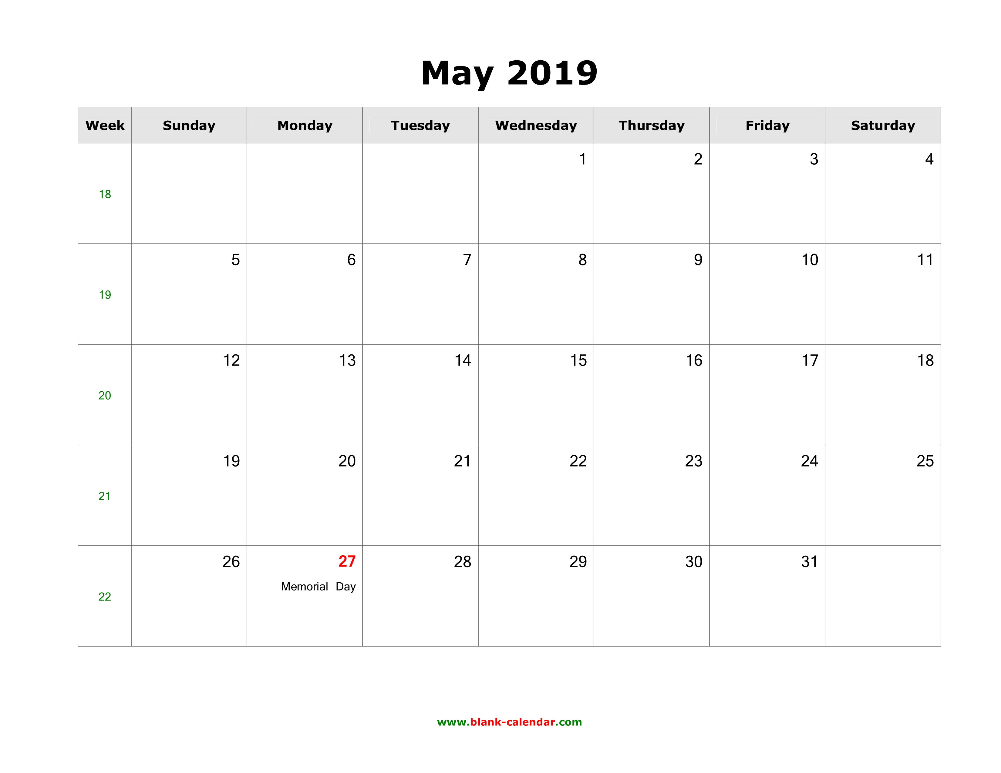 Download May 2019 Blank Calendar with US Holidays (horizontal)
