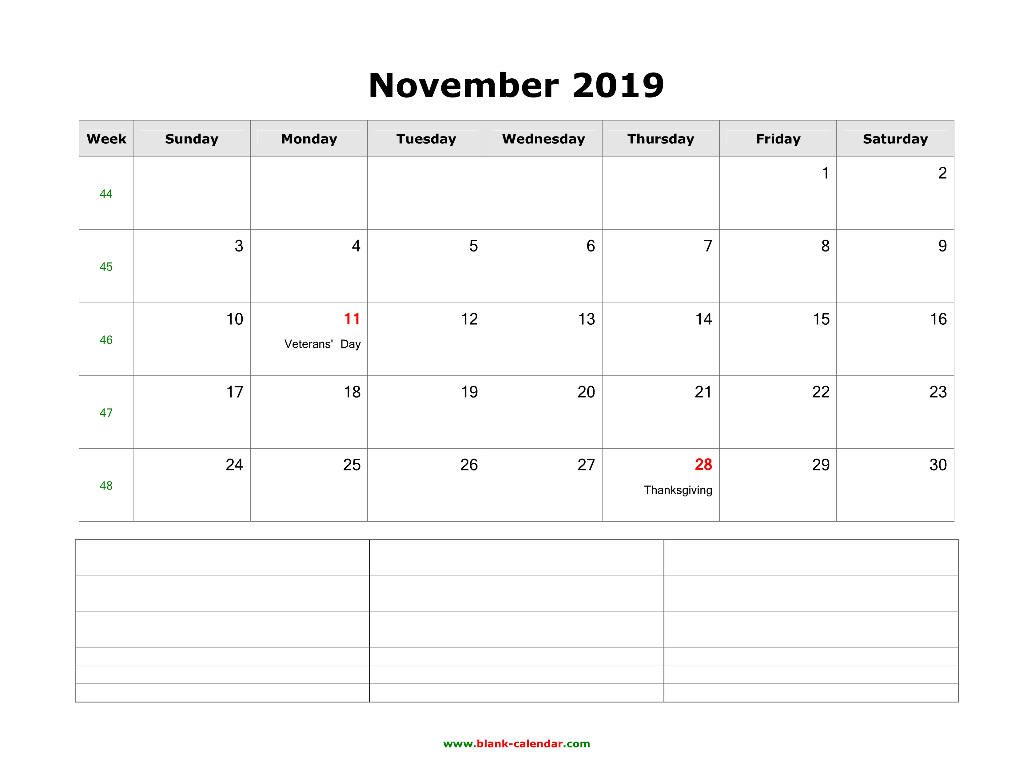 Download November 2019 Blank Calendar with Space for Notes (horizontal)