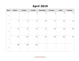 April 2019 Blank Calendar (horizontal)