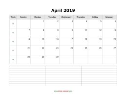 blank april calendar 2019 with notes landscape