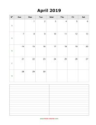 blank april calendar 2019 with notes portrait