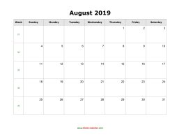 blank august holidays calendar 2019 landscape