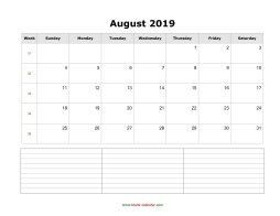 blank august calendar 2019 with notes landscape