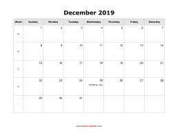 December 2019 Blank Calendar with US Holidays (horizontal)