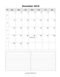 December 2019 Blank Calendar (vertical, space for notes)