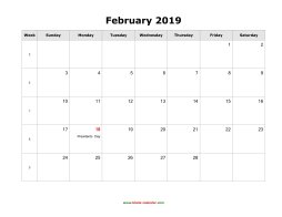 blank february holidays calendar 2019 landscape