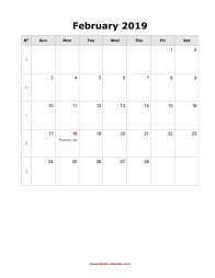 February 2019 Blank Calendar (US Holidays, vertical)