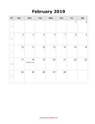 February 2019 Blank Calendar (US Holidays, vertical)