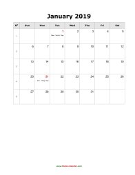 January 2019 Blank Calendar (US Holidays, vertical)