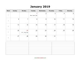 January 2019 Blank Calendar (horizontal, space for notes)