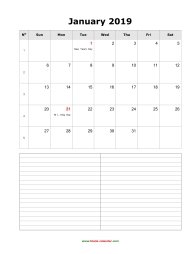January 2019 Blank Calendar (vertical, space for notes)