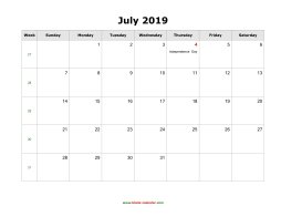 July 2019 Blank Calendar with US Holidays (horizontal)