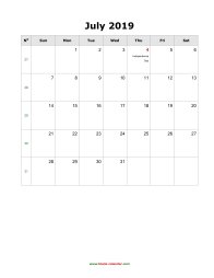 July 2019 Blank Calendar (US Holidays, vertical)