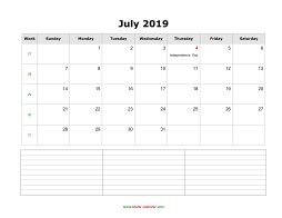 blank july calendar 2019 with notes landscape