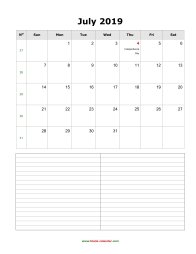 July 2019 Blank Calendar (vertical, space for notes)