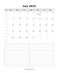 blank july calendar 2019 with notes portrait