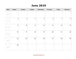 blank june holidays calendar 2019 landscape