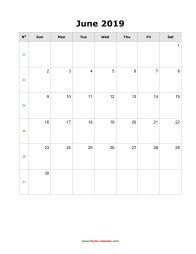 June 2019 Blank Calendar (US Holidays, vertical)