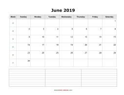 June 2019 Blank Calendar (horizontal, space for notes)