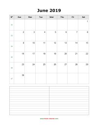 June 2019 Blank Calendar (vertical, space for notes)