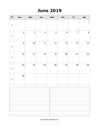 blank june calendar 2019 with notes portrait