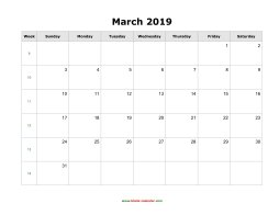 March 2019 Blank Calendar (horizontal)