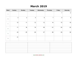 March 2019 Blank Calendar (horizontal, space for notes)