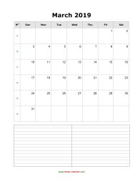March 2019 Blank Calendar (vertical, space for notes)