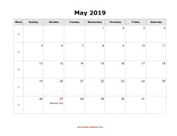blank may holidays calendar 2019 landscape