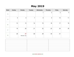blank may calendar 2019 with notes landscape