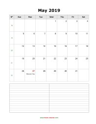 May 2019 Blank Calendar (vertical, space for notes)
