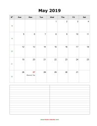 blank may calendar 2019 with notes portrait
