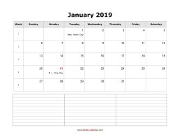 blank monthly calendar 2019 with notes landscape
