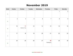 November 2019 Blank Calendar with US Holidays (horizontal)