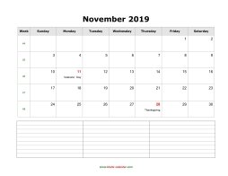 blank november calendar 2019 with notes landscape