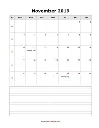 blank november calendar 2019 with notes portrait
