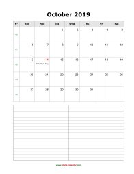 October 2019 Blank Calendar (vertical, space for notes)