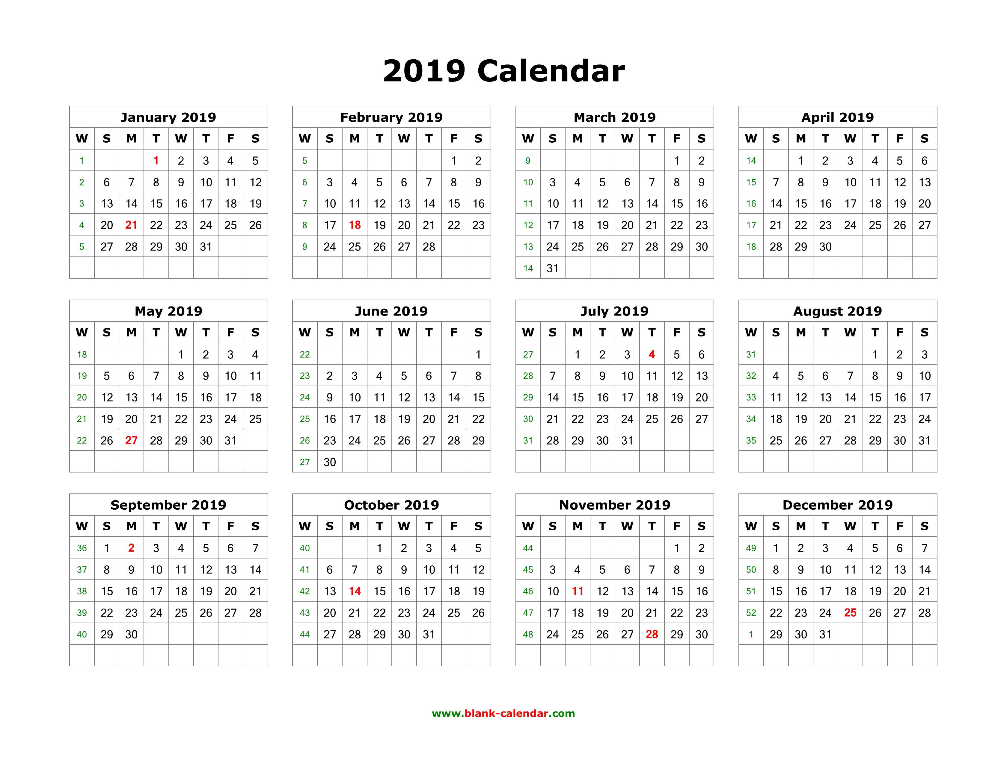 Printable Calendar 2019