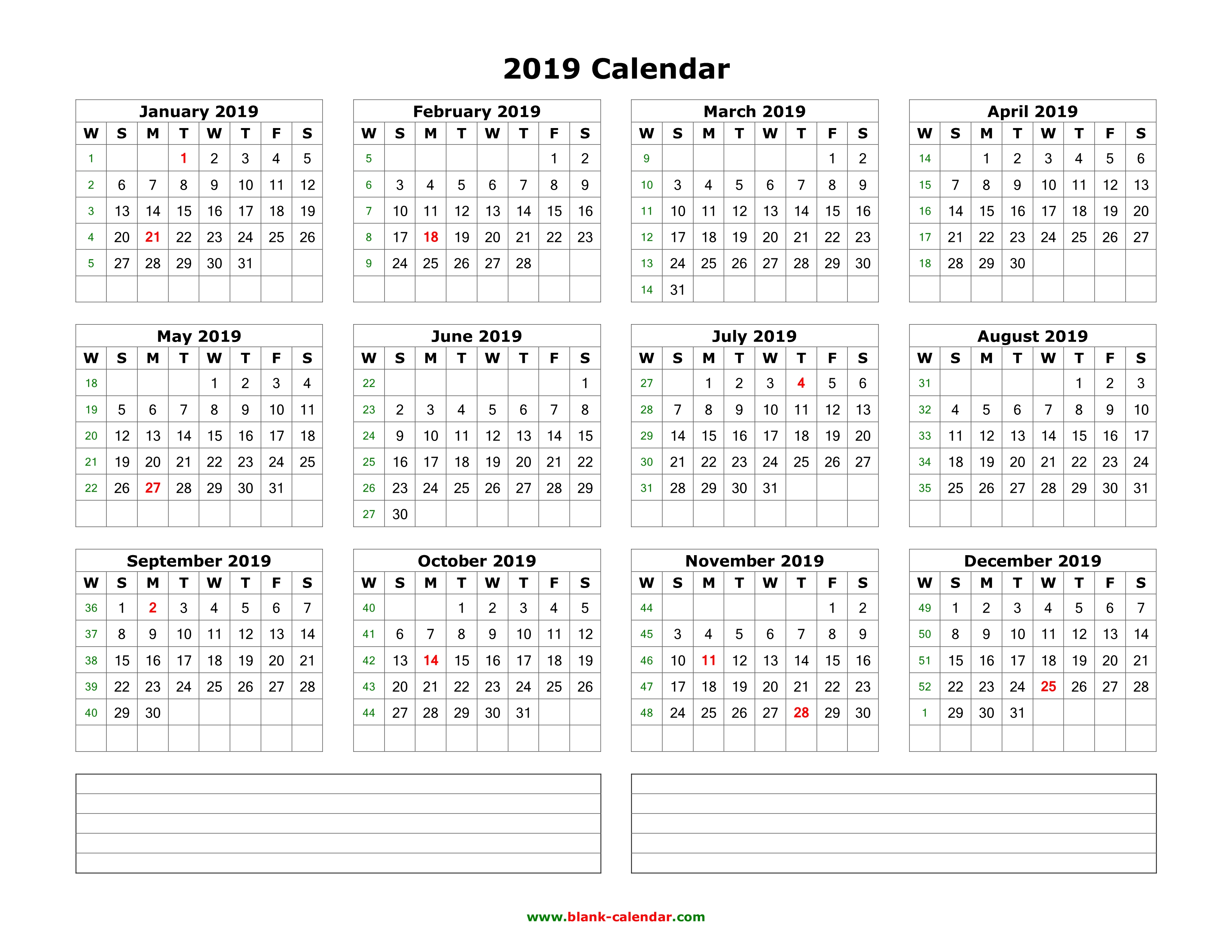 Calendar 2019 With Notes