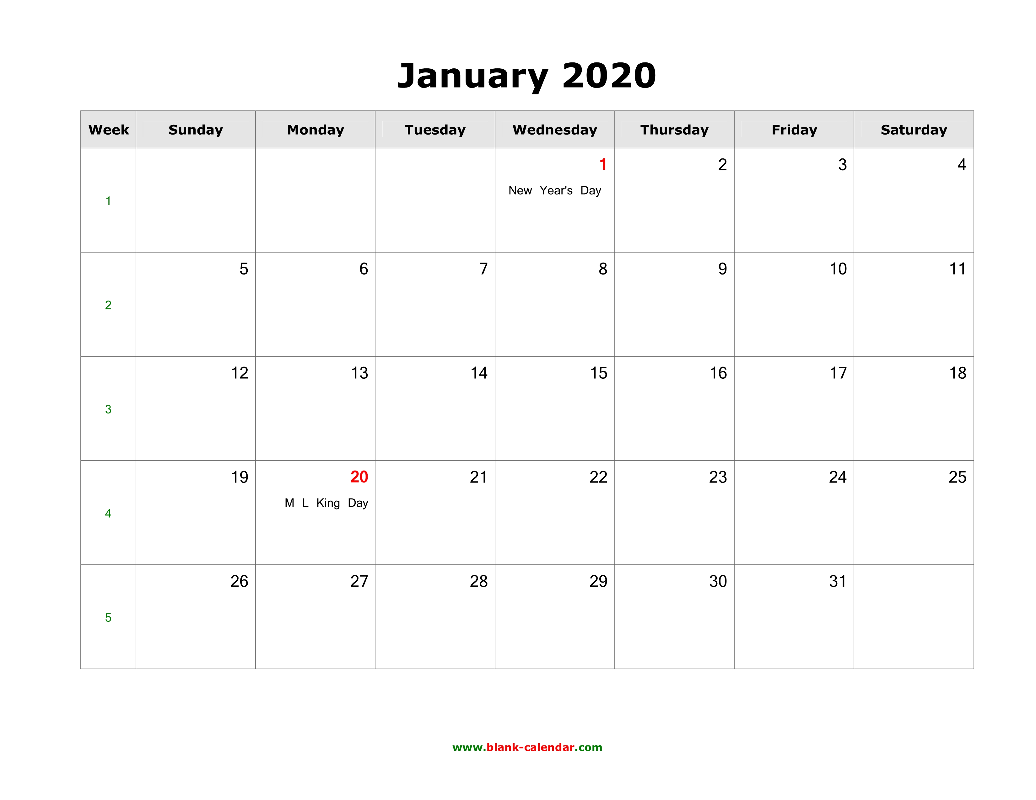 January 2020 Blank Calendar