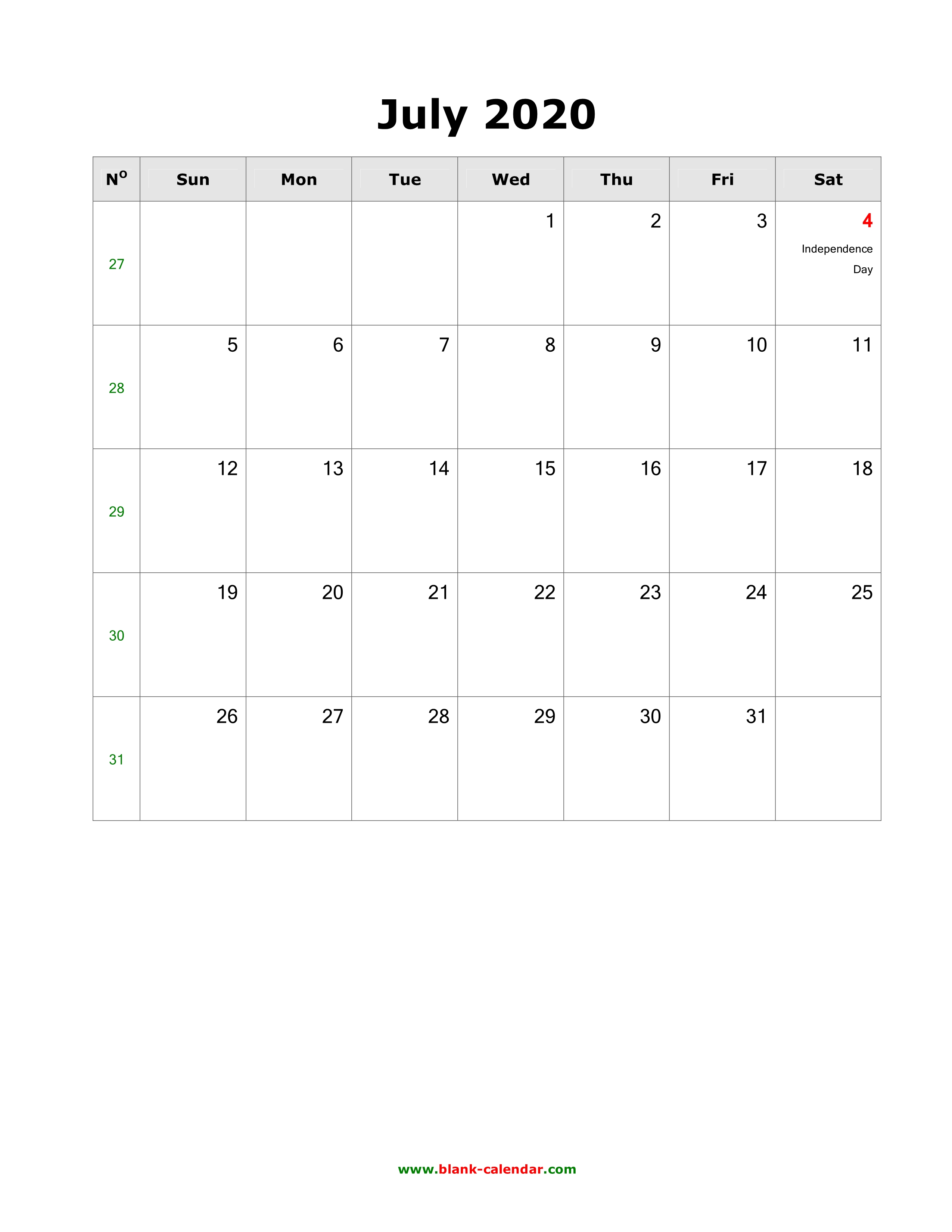 Download July 2020 Blank Calendar with US Holidays (vertical)