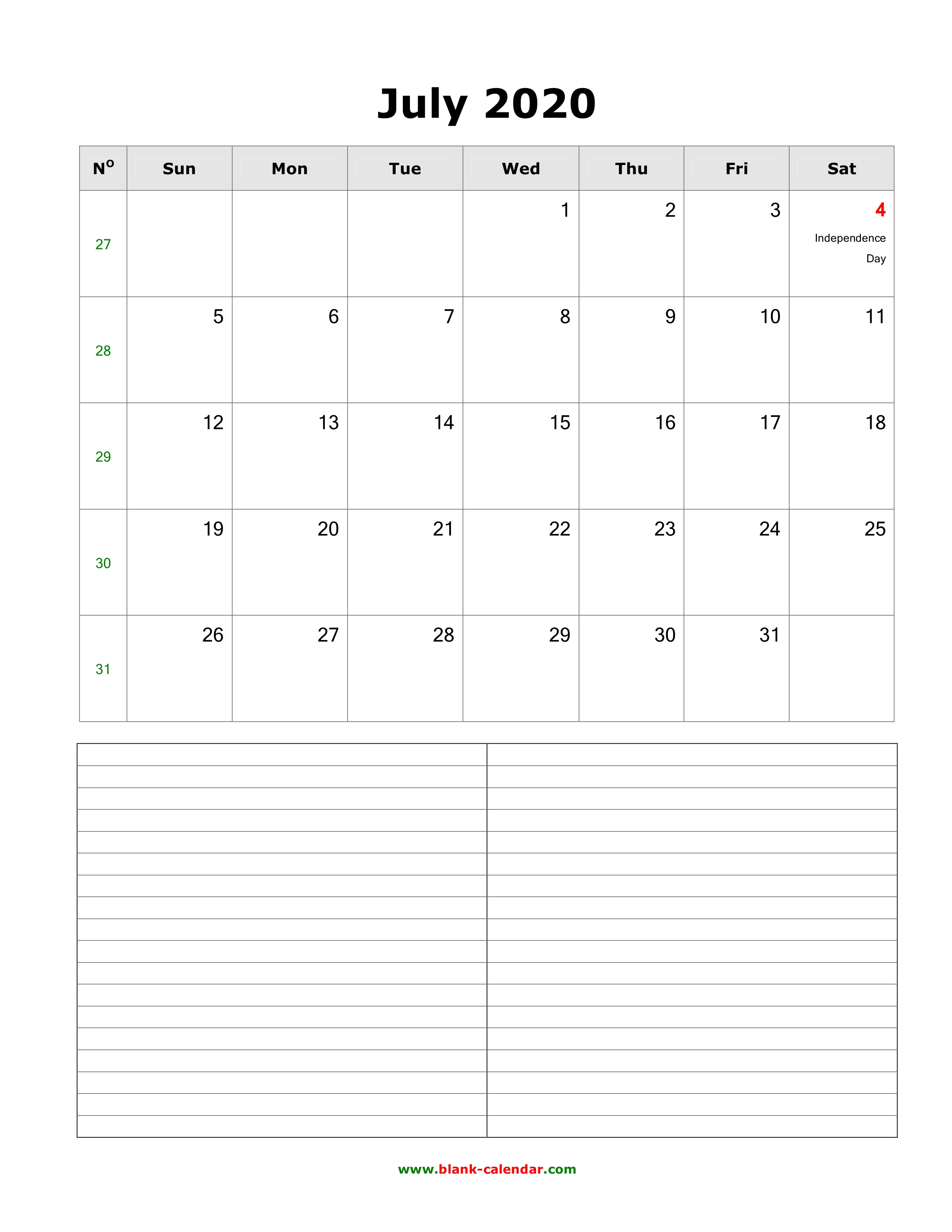 download july 2020 blank calendar with space for notes vertical