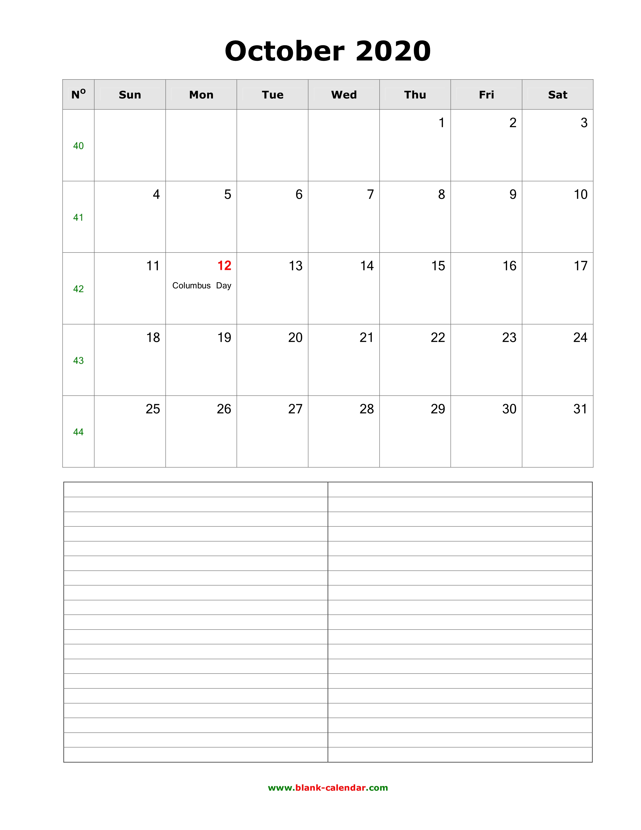 download october 2020 blank calendar with space for notes printable calendar october 2020