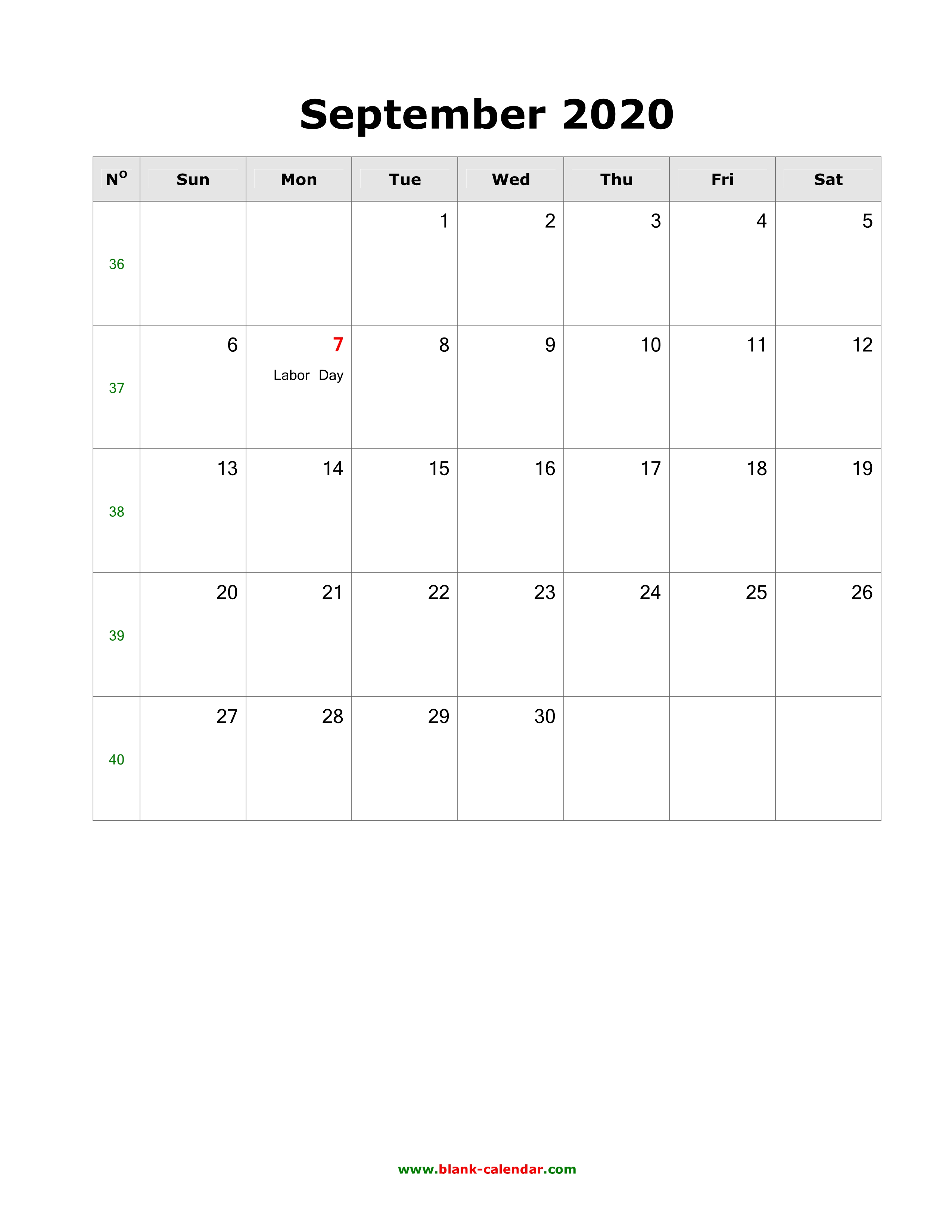 Download September 2020 Blank Calendar With Us Holidays Vertical