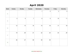 blank april holidays calendar 2020 landscape
