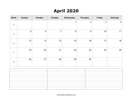 blank april calendar 2020 with notes landscape