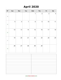 April 2020 Blank Calendar (vertical, space for notes)